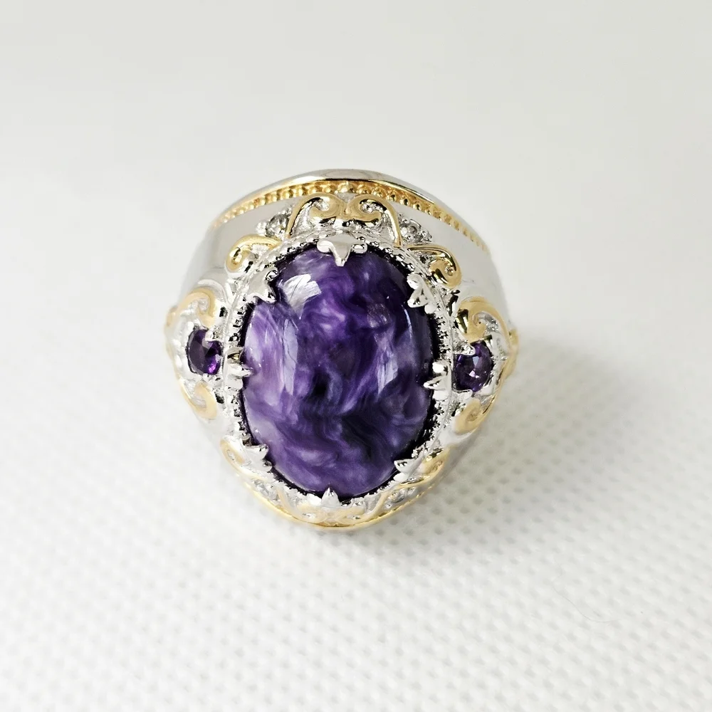 Genuine Charoite & Amethyst Ring Palladium Sterling Silver 18k YG Size 6.5! - Picture 2 of 9